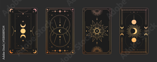Mystical tarot frame designs with celestial symbols - golden cards with moon phases, sacred geometry star, sun rays and cosmic circles on black background for fortune telling deck, esoteric art.