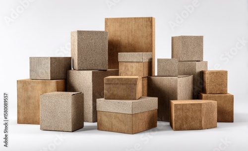 A haphazard stack of various-sized, light-brown cardboard boxes against a plain white background