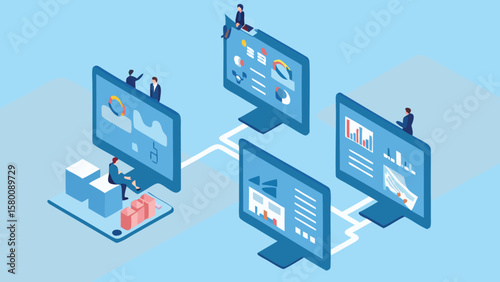 Isometric illustration of interconnected monitors displaying data and people analyzing it