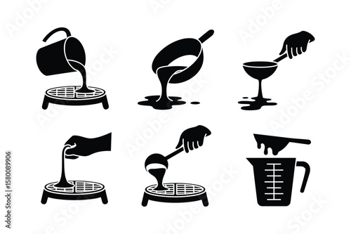 Pouring liquid from containers onto grates and into measuring cup silhouette ladle