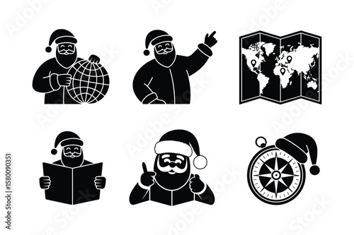Santa Claus with globe pointing to map reading book and compass vector