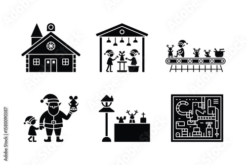 Santa Claus workshop scenes and factory schematic christmas elves