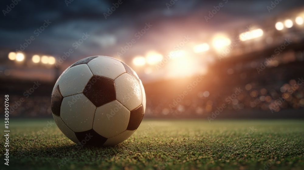 Fototapeta premium Wet Soccer Ball on Stadium Field at Sunset