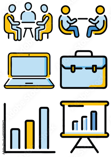 Business Office Icons Set - Meeting, Chart, Laptop, Briefcase, and Presentation