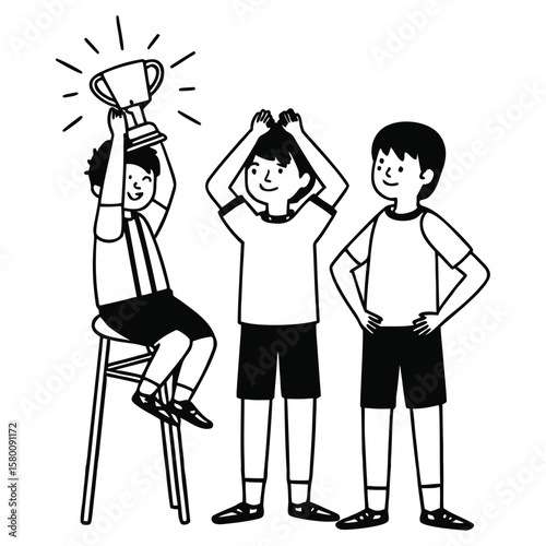 Happy Kids Holding Trophy - Black and White Vector Illustration