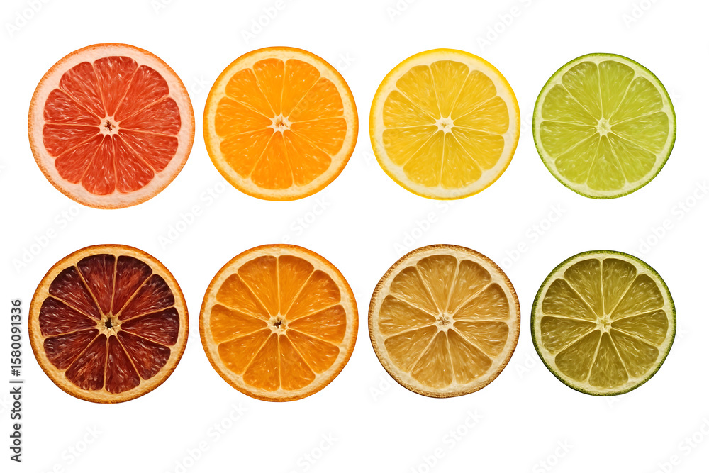 Fototapeta premium Assortment of fresh and dried citrus fruit slices isolated on transparent background