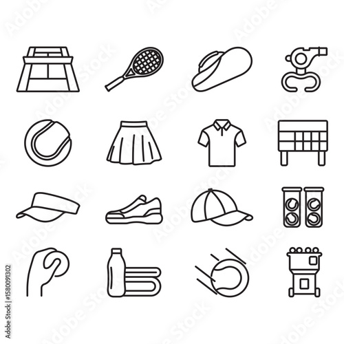 Set of tennis icons. Line style vector. Contains icons such as tennis rackets, balls, clothes and more.