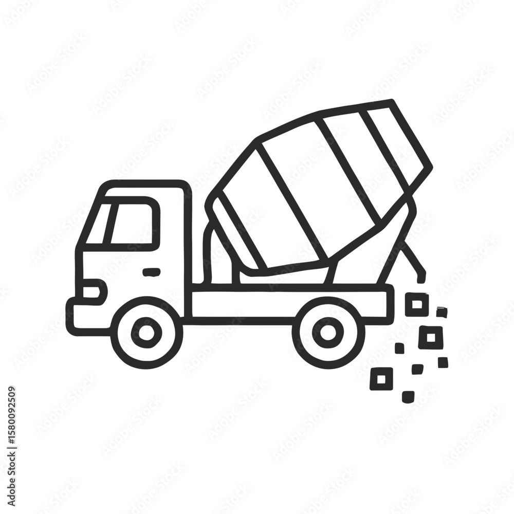 Fototapeta premium Concrete mixer truck construction vehicle in minimal line art style ready for construction industry design projects.