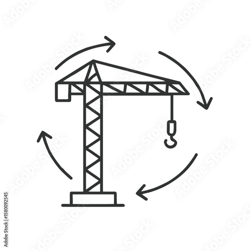 Sleek line art depicts a construction crane encircled by rotation arrows, ideal for industrial design, engineering, or infrastructure themes.