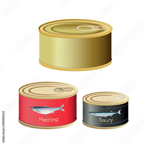 Canned fish set. Closed metallic tins with saury and herring inside. Realistic containers with preserved fish. Vector illustration isolated on white background, for food packaging or product mockups.