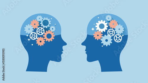 Two human profiles facing each other with gears inside their heads representing thought processes