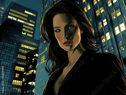 Confident female business executive in black suit standing before city skyscrapers