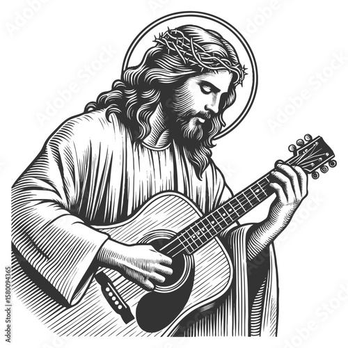 Jesus Christ, peacefully playing an acoustic guitar, combining faith and music sketch engraving generative ai fictional character vector illustration. Scratch board imitation. Black and white image.