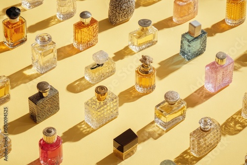 A vibrant array of miniature perfume bottles in diverse shapes, colors, and textures, arranged in a grid pattern on a pale yellow backdrop, illuminated by strong sunlight casting distinct shadows