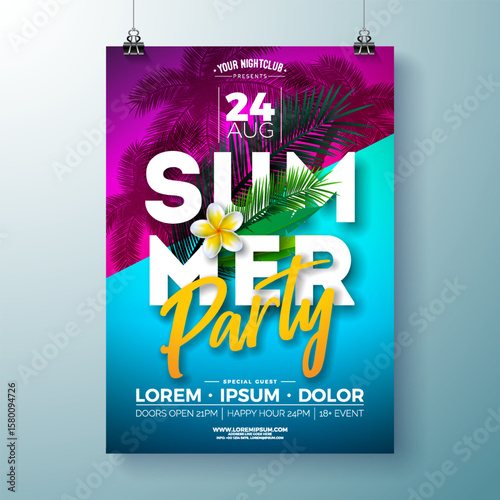 Summer Beach Party Flyer Design with Flower and Tropical Palm Leaves on Abstract Blue Background. Vector Summer Holiday Illustration with Typography Lettering for Banner, Flyer, Invitation or Poster.