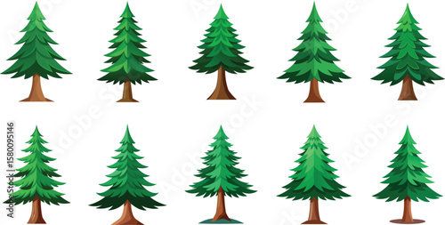 Ten vibrant green cartoon pine trees stand tall against a white background