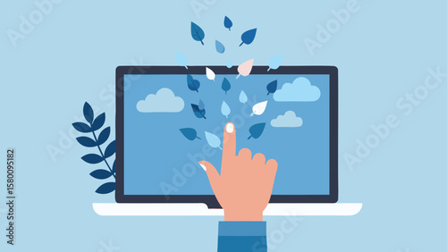 Hand touching laptop screen with falling leaves and clouds on a light blue background vector image