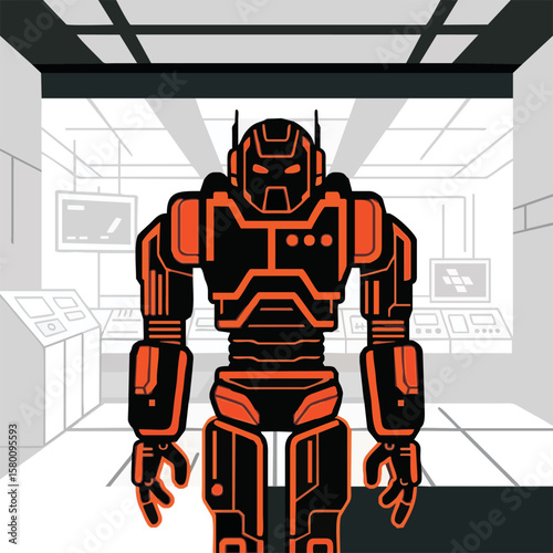 A stylized robot stands in a futuristic room.
