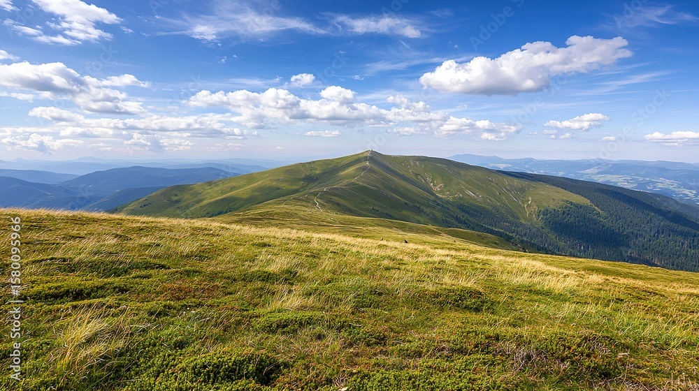 Fototapeta premium A lush green mountain landscape under a blue sky with scattered clouds, offering a panoramic and serene natural view.
