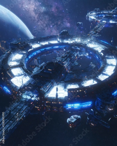 futuristic orbital spaceport floating in deep space, massive ring-shaped docking hub, backdrop of stars and planet