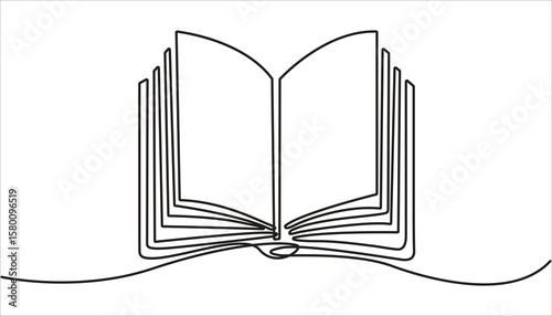 Continuous one line drawing of book opening vector graphic illustration. Education books line art vector illustration, education concept. Open book continuous one line drawing illustration.