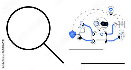 Robot with multiple technology tools, magnifying glass symbolizing search, data analysis. Ideal for AI, robotics, automation, research, data visualization security decision-making. Simple flat