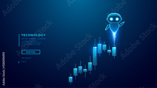 AI agent robot flying above financial chart. Futuristic fintech assistant bot helping with investment and analytics. Digital finance, trading, and AI-powered market solutions. Tech vector illustration