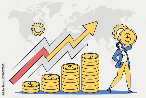 Financial success and economic growth chart with coins and businesswoman