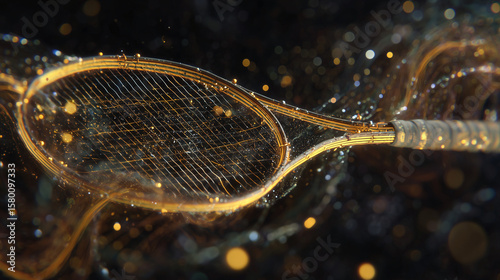 A floating tennis racket emitting golden waves that reverse time through its glowing strings.