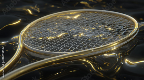 A floating tennis racket emitting golden waves that reverse time through its glowing strings.