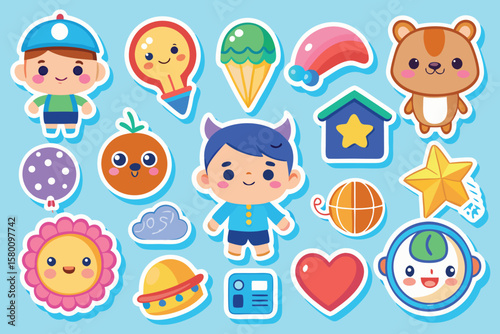 Cute Cartoon Children and Toys Stickers Set