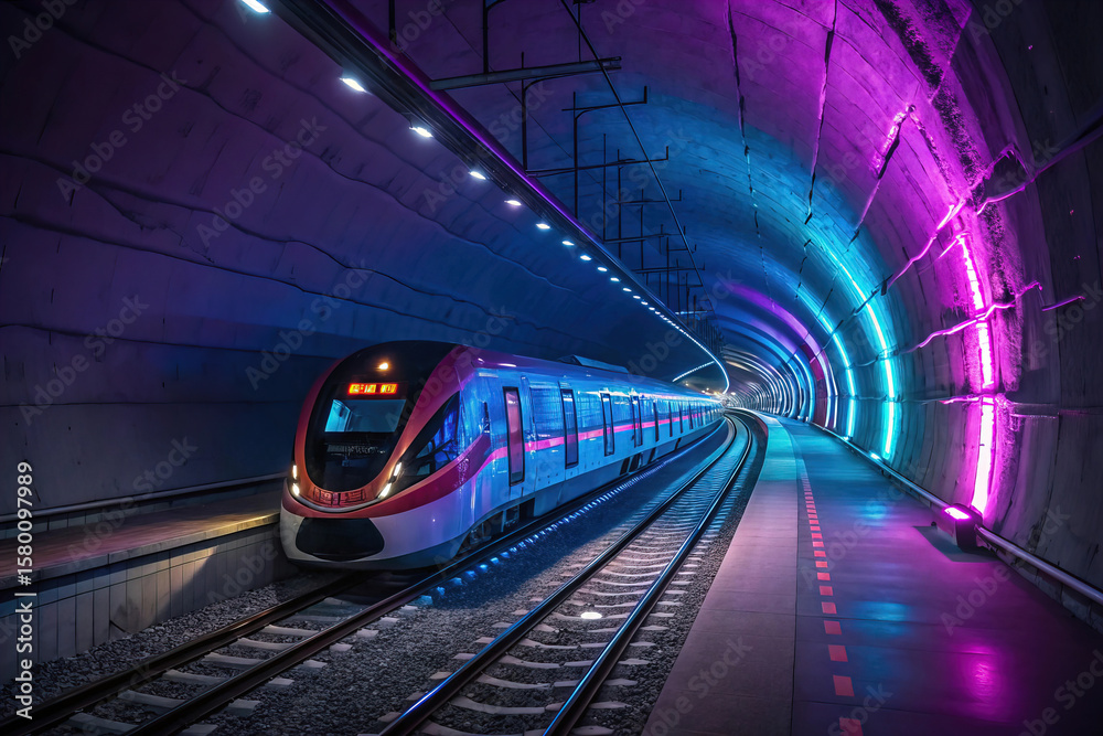 Futuristic High-Speed Train in Neon-Lit Subway Tunnel Futuristic High-Speed Train in Neon-Lit Subway Tunnel