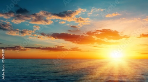 Majestic Sunrise Over Tranquil Ocean Waters with Stunning Cloudscape and Golden Light Reflection
