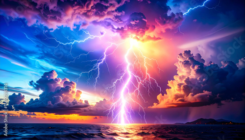 Vibrant Sunset Landscape with Dramatic Lightning Strike over Ocean