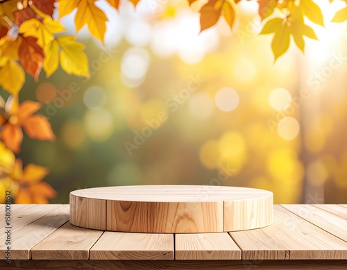 Wooden Pedestal Tabletop Autumn Backdrop
