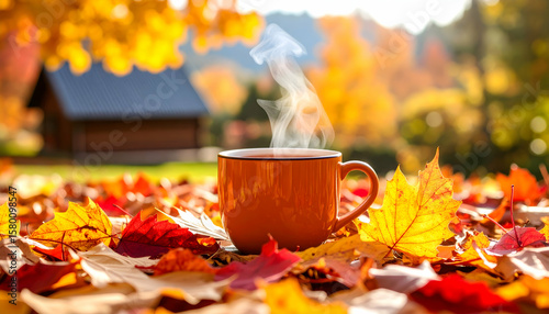 Fototapeta Naklejka Na Ścianę i Meble -  Warm Autumn Mug Amidst Colorful Leaves