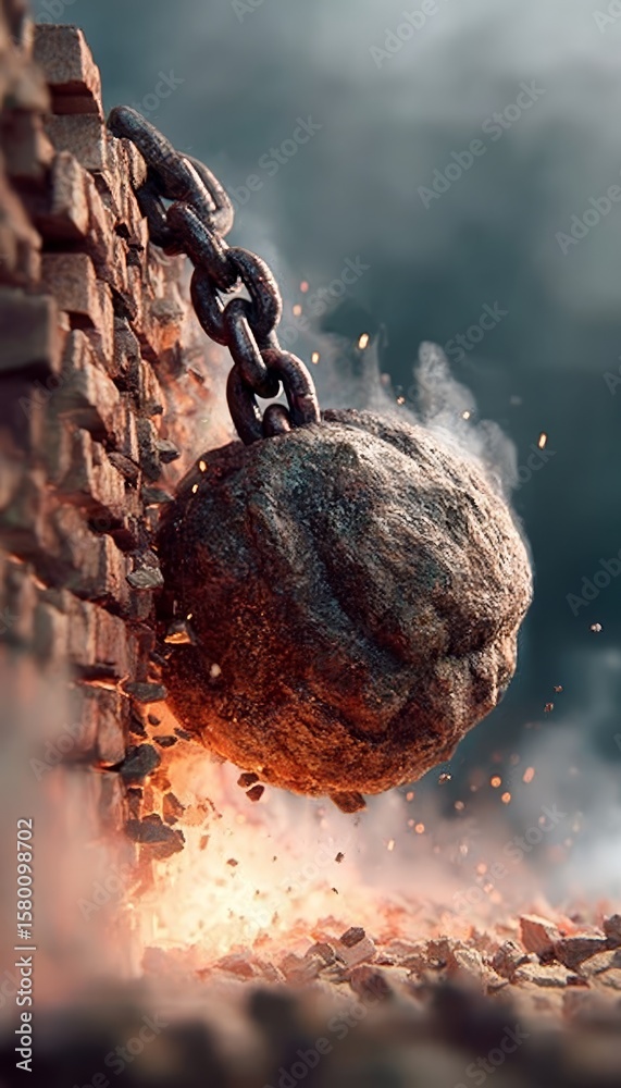 Obraz premium Wrecking Ball Impacting a Wall, Symbolizing Overcoming Obstacles and Embracing Change in Life