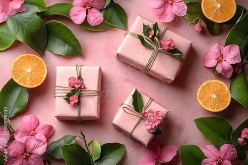 Floral Gift Arrangement with Tropical Leaves and Citrus on Pink Background for Festive Celebration Design