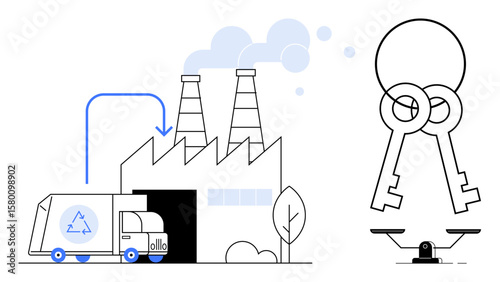 Recycling truck unloading at factory, emitting chimneys, linked keys, balanced scale. Ideal for sustainability, recycling, eco-industry, security balance equality responsibility. Simple flat