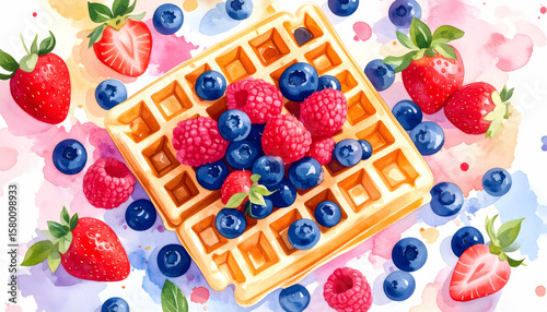 Watercolor Painting of Waffles with Berries