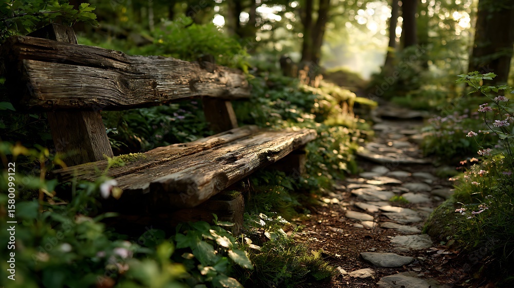 A cozy rustic wooden bench in a tranquil forest clearing with soft natural sunlight creating warm shadows, ideal for quiet moments, contemplation, and connecting with peaceful woodland surroundings A cozy rustic wooden bench in a tranquil forest clearing with soft natural sunlight creating warm shadows, ideal for quiet moments, contemplation, and connecting with peaceful woodland surroundings