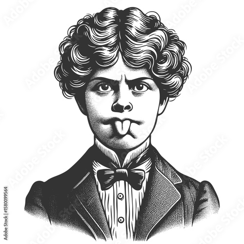 woman in formal Victorian clothing with curly hair, making a humorous face and sticking out her tongue sketch engraving generative ai vector illustration. Scratch board imitation. Black and white.
