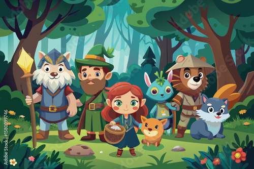 Fantasy Forest Friends Adventure Cartoon Illustration
