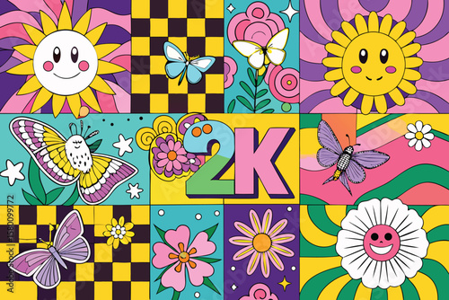 Groovy Retro 70s Style Collage with Flowers and Butterflies