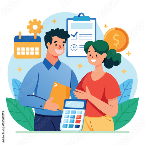 Financial planning and budgeting concept with man and woman reviewing calculations and goals together