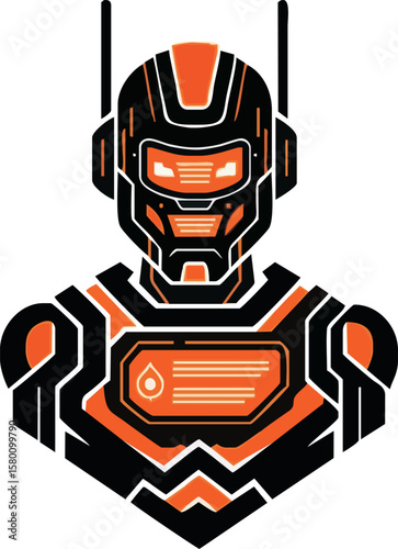 A stylized illustration of a robot's head and upper body with orange and black details.