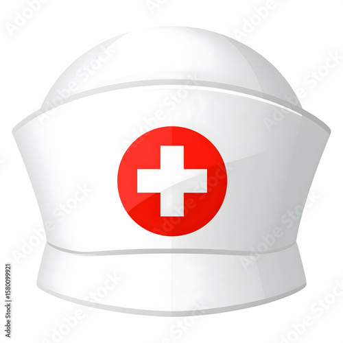 White Nurse Hat with Red Cross Icon Soft Shading Medical Illustration