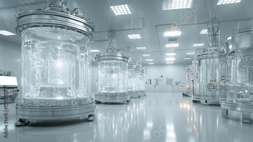 A biotech laboratory with large fermentation tanks and active centrifuges in a sterile environment, research and development in pharmaceutical research and advancements in life science background.