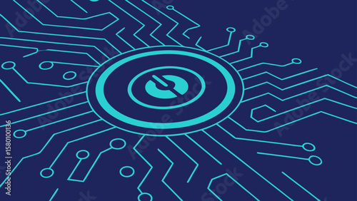 Abstract High-Tech Circuit Board Design with Power Button, Electronic Connections, Futuristic Network and Digital Technology.
