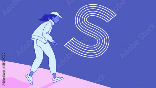 Stylish Linear 'S' Design with a Figure Walking Upward on a Slope in Blues and Purples